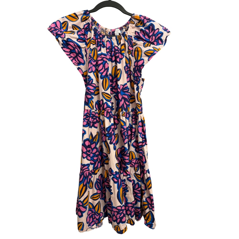 Mud Pie Womens Pink Blue Floral Tiered Cotton Flutter Sleeve Dress Size Medium